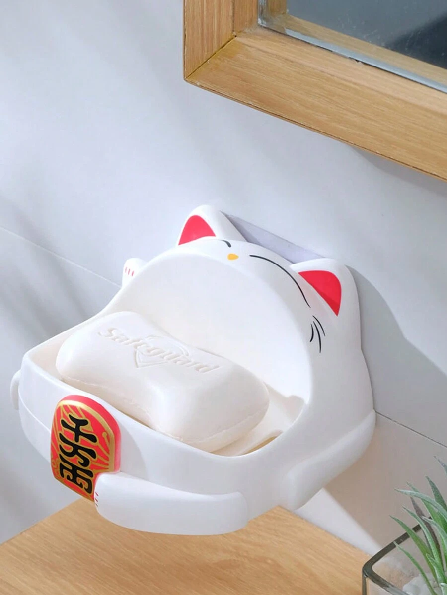 1只無需鑽孔壁掛式肥皂盒,卡通幸運貓設計,創意可排水廚房浴室肥皂盤 - 白色 - 查看 1