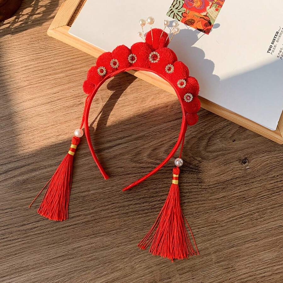 1條兒童流蘇頭箍,有節慶氣氛的毛球設計,簡單夾髮式,暖色系列頭箍適合日常佩戴,秋冬季節使用 - 紅色 - 查看 1