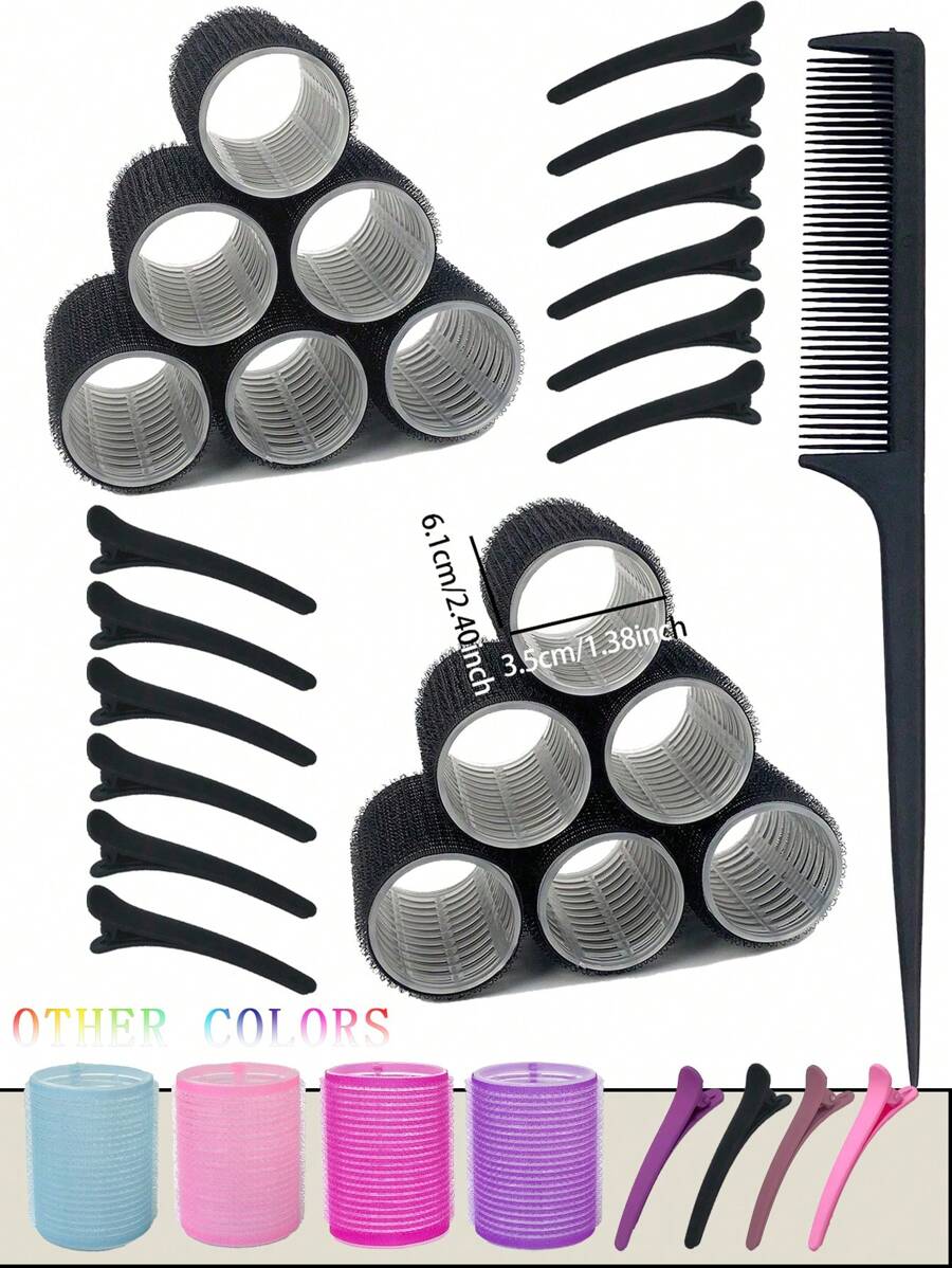 直径 3.5 厘米、5 厘米和 6 厘米，25 件套（12 个自粘卷发器，12 个发夹和 1 个发梳），适合 DIY 发型、情人节情侣礼物美发工具