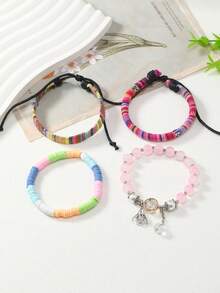 1 套多色復古風格手工編織串珠皮革組合 4 件/套時尚百搭女士手鍊 - 多色4 件套女士手環 - 查看 2