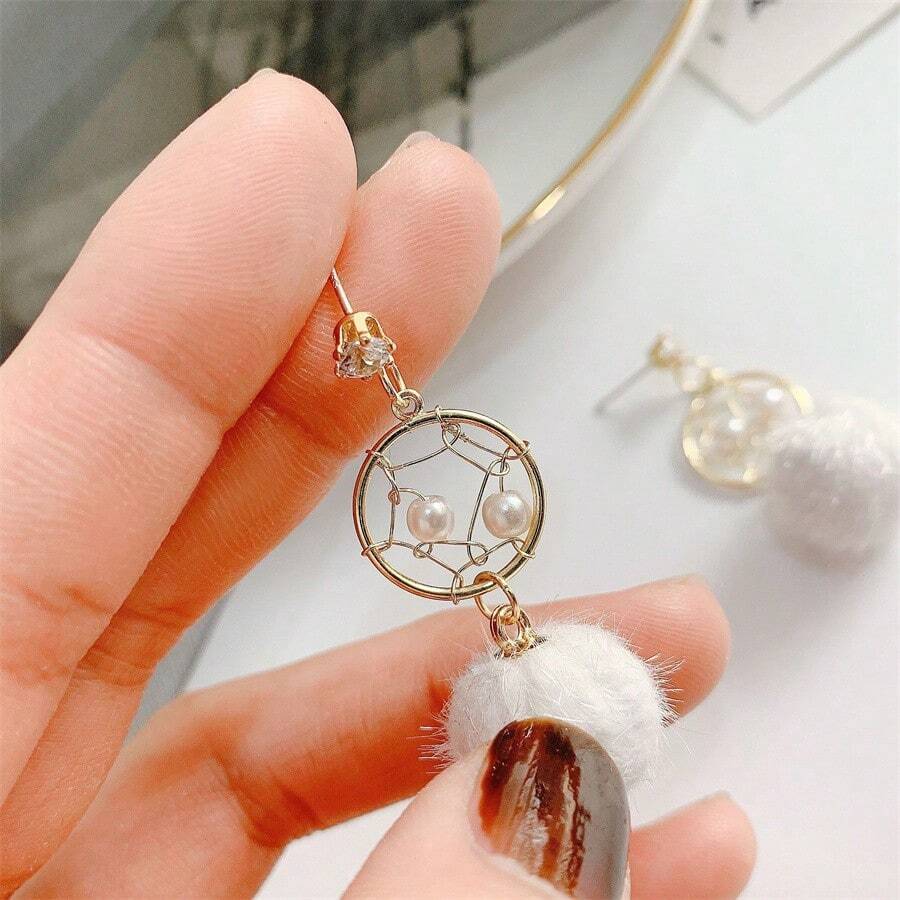 Winter Handmade Dreamcatcher Weave Pearl Pom Pom Drop Earrings With Mink Fur For Women - Beige - View 1