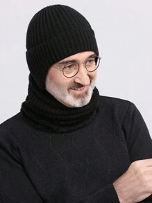 1頂帶裡料黑色針織帽，男女冬季暖毛帽帶耳瓣 - 黑色 - 查看 2