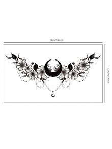 Tatuaje Adhesivo Temporal Grande Para Pecho, Abdomen Y Espalda, Con Diseño De Flor, Media Luna Y Borla, 1 Ud. - Negro - Ver 7