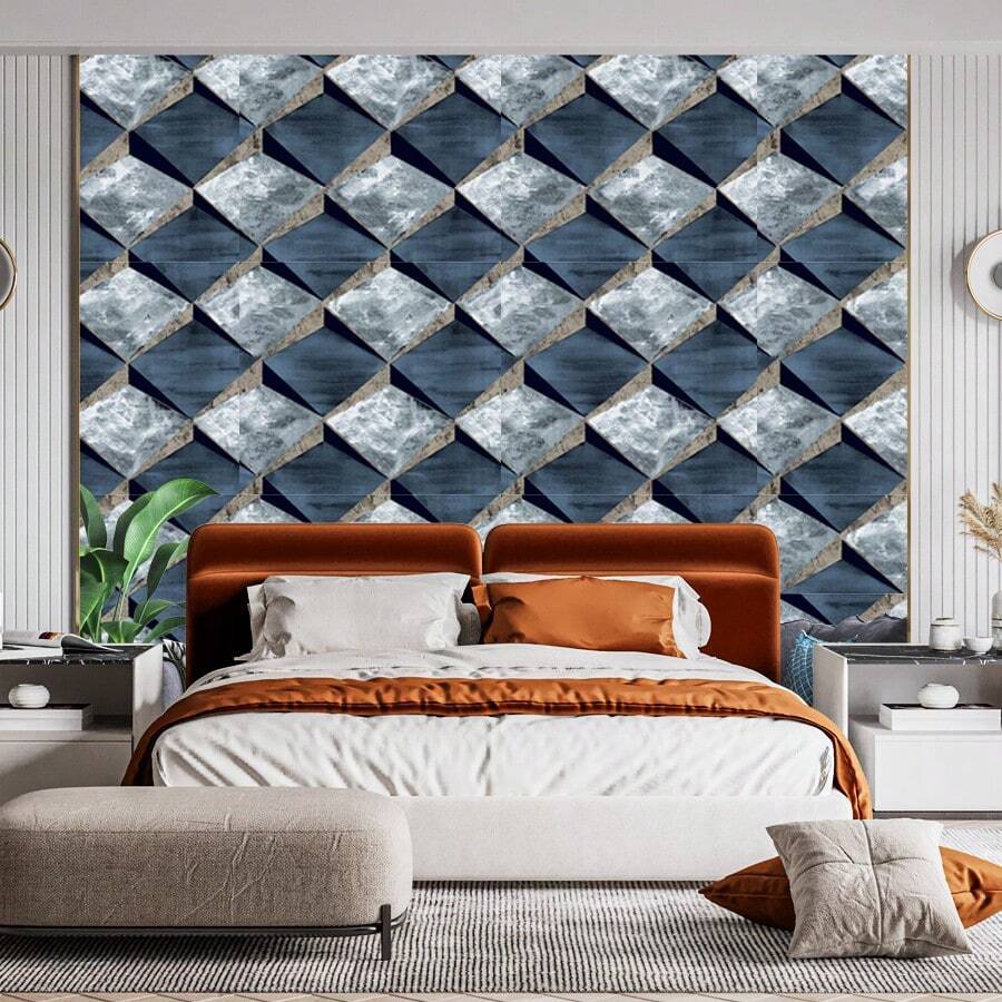 3D立体几何图案加厚壁纸，个性又欧美风，非常适合餐厅、客厅、卧室、办公室、酒吧等场所使用，非自粘型。 - 藍色 - 查看 1