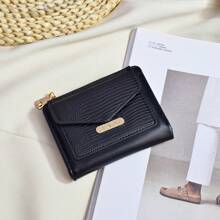 New Women's Short Wallet With Zipper & Buckle, 2-Fold Coin Purse, Stylish, Exquisite, Simple, Solid Color - Black - View 4