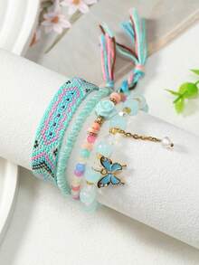 New Blue Butterfly Cloth & Rice Beads Braided Bracelet, Handmade Fresh & Fashionable Wristband - Blue Fabric Butterfly Flower 4-piece Set - View 4