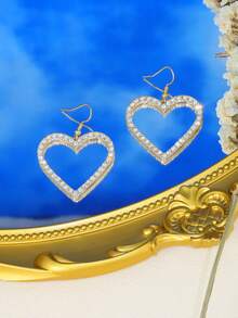 2pcs Heart Shaped Pendant Dangle Earrings With Rhinestone Inlay - Yellow Gold - View 5