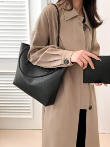 2 件女士纯色刺绣托特包，时尚大容量单肩包，磁扣 - 黑色 - 查看 7