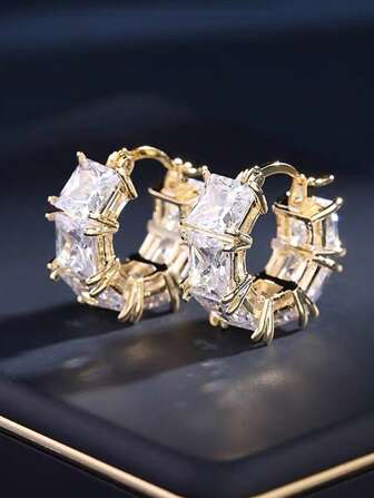 1pair Luxurious Copper Inlaid Green Zirconia Circular Stud Earrings, Perfect For Dating Gift