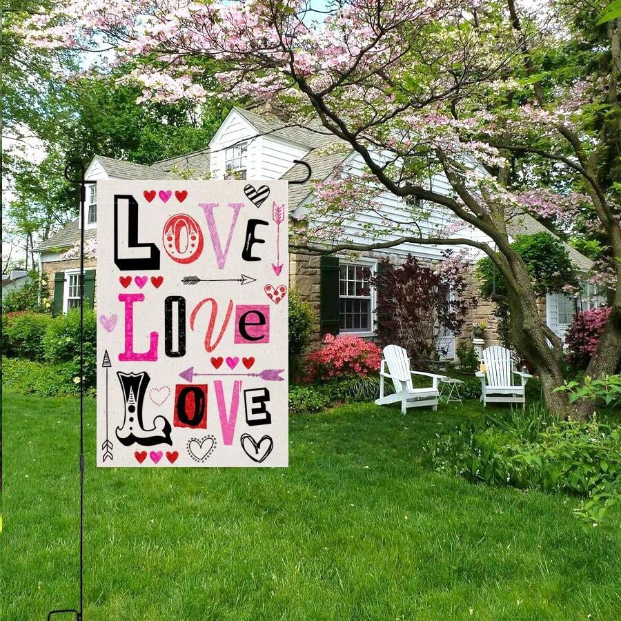 1面花卉心形水彩'愛'情人節花園旗幟,簡約浪漫正方形橫額,四季家庭花園裝飾 - 黑與白 - 查看 1