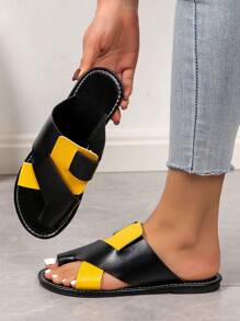 Nuevas pantuflas negras y amarillas de de punta abierta para mujeres en otoño, pantuflas antideslizantes planas transpirables y suaves con suela suave y a la moda - Amarillo - Ver 3