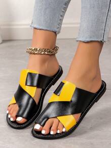 Nuevas pantuflas negras y amarillas de de punta abierta para mujeres en otoño, pantuflas antideslizantes planas transpirables y suaves con suela suave y a la moda - Amarillo - Ver 4