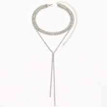 长流苏项链，镶满闪亮水钻，优雅性感风格，女性婚礼项链，个性化颈饰 - 金色 - 查看 6