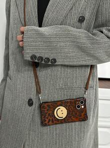 1pc Leopard Print Smiling Face With 1pc Adjustable Shoulder Strap, Semi-Transparent Brown TPU Protective Phone Case With Corner Airbags, Suitable For IPhone 17/17 Pro/Air/17 Pro Max/16/16 Pro/16 Plus/16 Pro Max/15 Pro Max/15/15 Pro/15 Plus 11/12/13/14