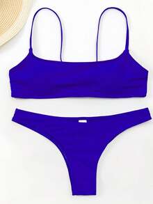 女士纯色吊带简约度假比基尼套装夏季 - 寶藍色 - 查看 3