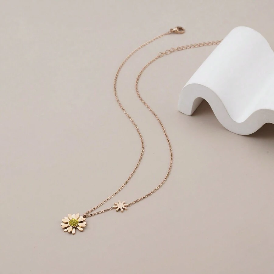 女性雏菊花瓣項鍊,個性化簡約創意吊墜鎖骨項鍊,生日禮物,精美獨特設計,雏菊花咀項鍊 - 玫瑰金 - 查看 1