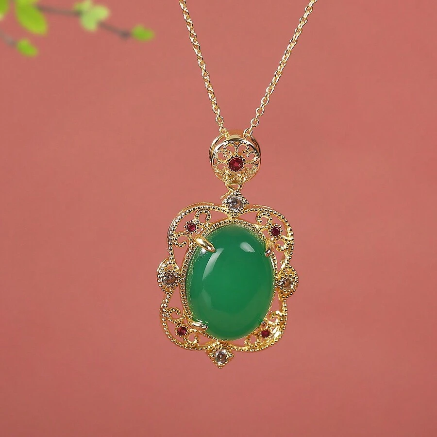 High-End Natural Green Jadeite Pendant With Hollow Out & Inlay Design, Perfect For Daily Wear - Green - View 1