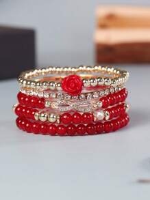 5pcs/Set Bohemian Style Multilayer Beaded Bracelet & Rose Flower Bead Bracelet - Red - View 2