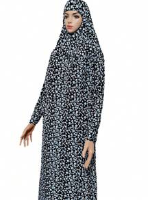 最新款式女式連帽修身長袍,附頭巾 - 藍色 - 查看 3