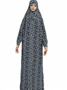 最新款式女式連帽修身長袍,附頭巾 - 藍色 - 查看 1