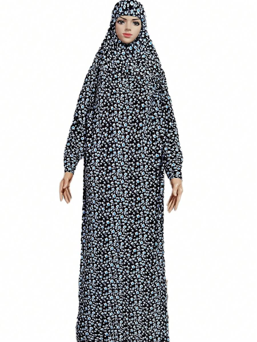 最新款式女式連帽修身長袍,附頭巾 - 藍色 - 查看 1