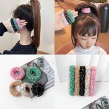 5入組加厚五色高彈力女孩馬尾鬆緊帶,可愛針織髮帶,適用於秋冬 - 彩色 - 查看 2