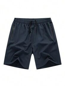 Montvoo Fitness Men Solid Color Zipper Pocket Sports Shorts - Navy Blue - View 1