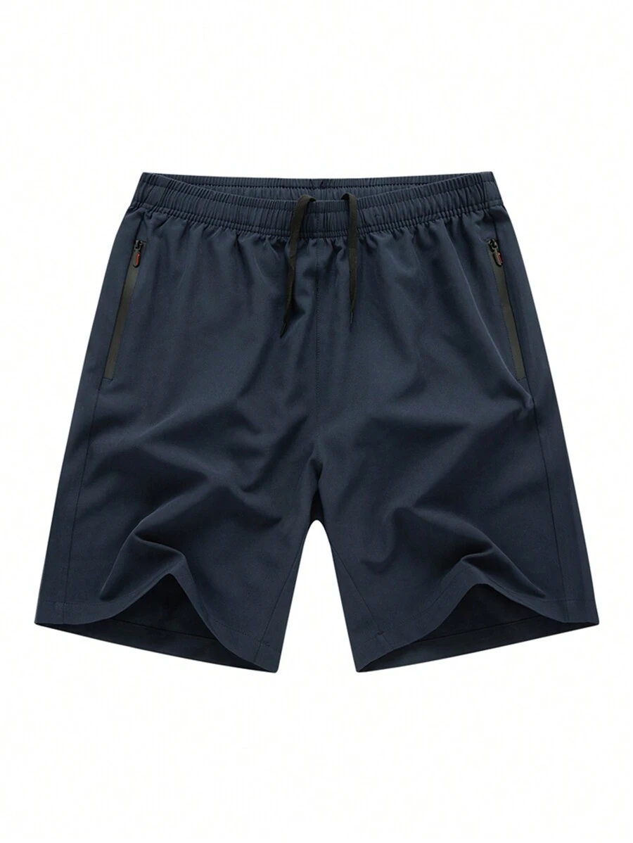 Montvoo Fitness Men Solid Color Zipper Pocket Sports Shorts - Navy Blue - View 1