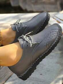 春秋新款女士平底鞋纯色低帮系带休闲时尚单鞋女大码圆头舒适轻便女士平底鞋 - 黑色 - 查看 2