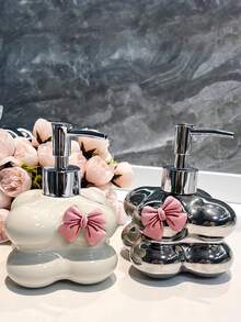 1 件创意按压式陶瓷浴室罐，奢华云朵带蝴蝶结装饰泵瓶，适用于浴室、乳液瓶、洗手液分配器 - 銀色 - 查看 6