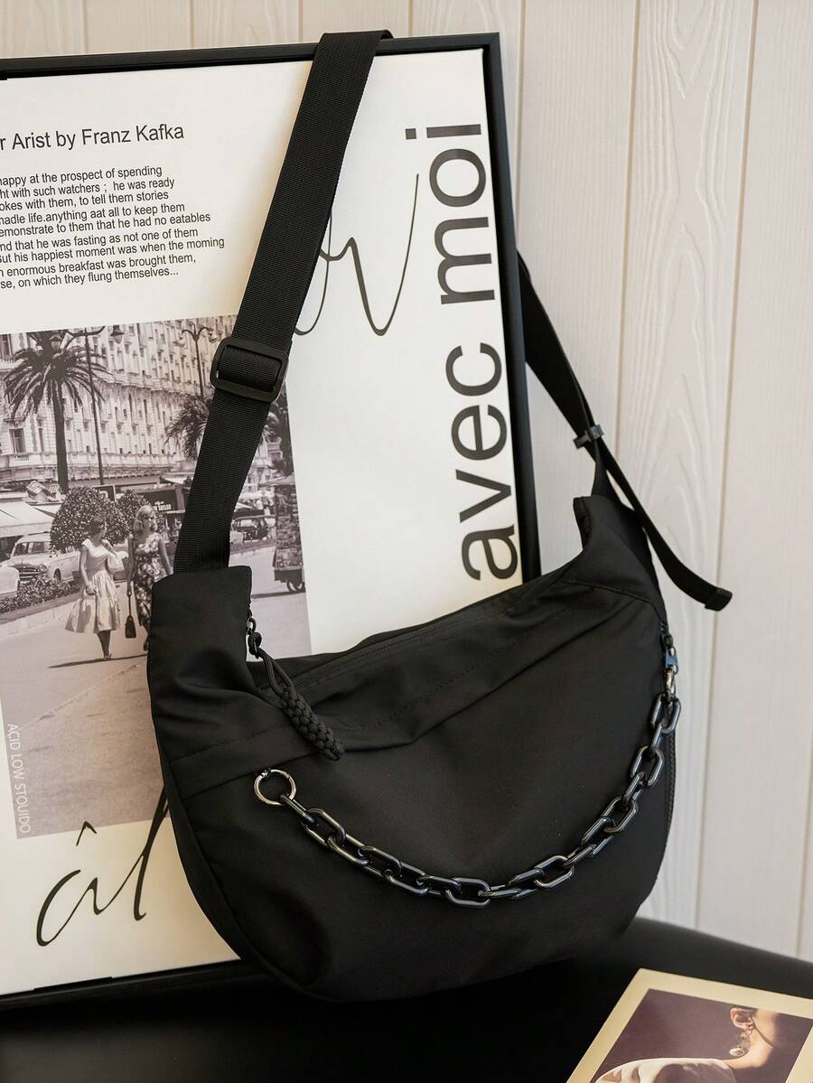 男士休閒時尚多功能鏈條裝飾純色帆布斜跨包,適合校園、學校、日常外出和街頭穿搭肩背包側揹包產品,黑色旅行度假情人節禮物 - 黑色 - 查看 1