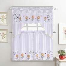 1 Set Of Sunflower Embroidered Kitchen Curtains, Traditional Style Polyester Fabric (1 Swag: 58"X36" & 2 Tiers: 28"X36") 3pcs Window Treatment Suitable For Festival And Daily Home Use - White - View 1