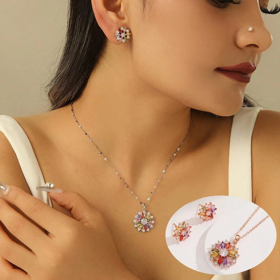 3入組時尚彩色花形珠寶套裝,含氧化鋯石項鍊和耳環