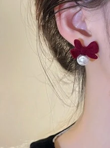 1 对新款时尚潮流不锈钢优雅精致珍珠蝴蝶结耳环女士珠宝婚礼派对高级礼物 - 紅色 - 查看 2