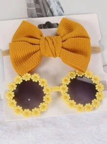 Bộ 2 kính thời trang trẻ em kèm dây buộc tóc hình bướm, họa tiết hoa cúc, phụ kiện tóc nơ khoét rỗng cho mùa xuân/hè - Màu vàng - Xem 2