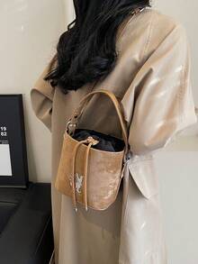 時尚復古風格字母裝飾水桶包,抽繩肩帶小圓包,卡其色pu皮革,情人節禮物,斜挎包 - 卡其色 - 查看 3