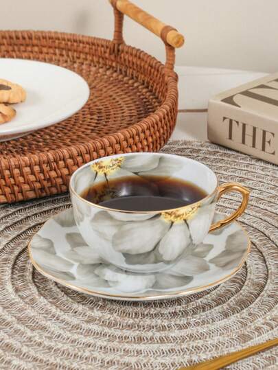 1set Luxury Ceramic Coffee Cup And Saucer Set With Hibiscus Pattern, Suitable For Home, Club, Cafe Use