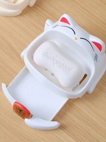 1只無需鑽孔壁掛式肥皂盒,卡通幸運貓設計,創意可排水廚房浴室肥皂盤 - 白色 - 查看 3