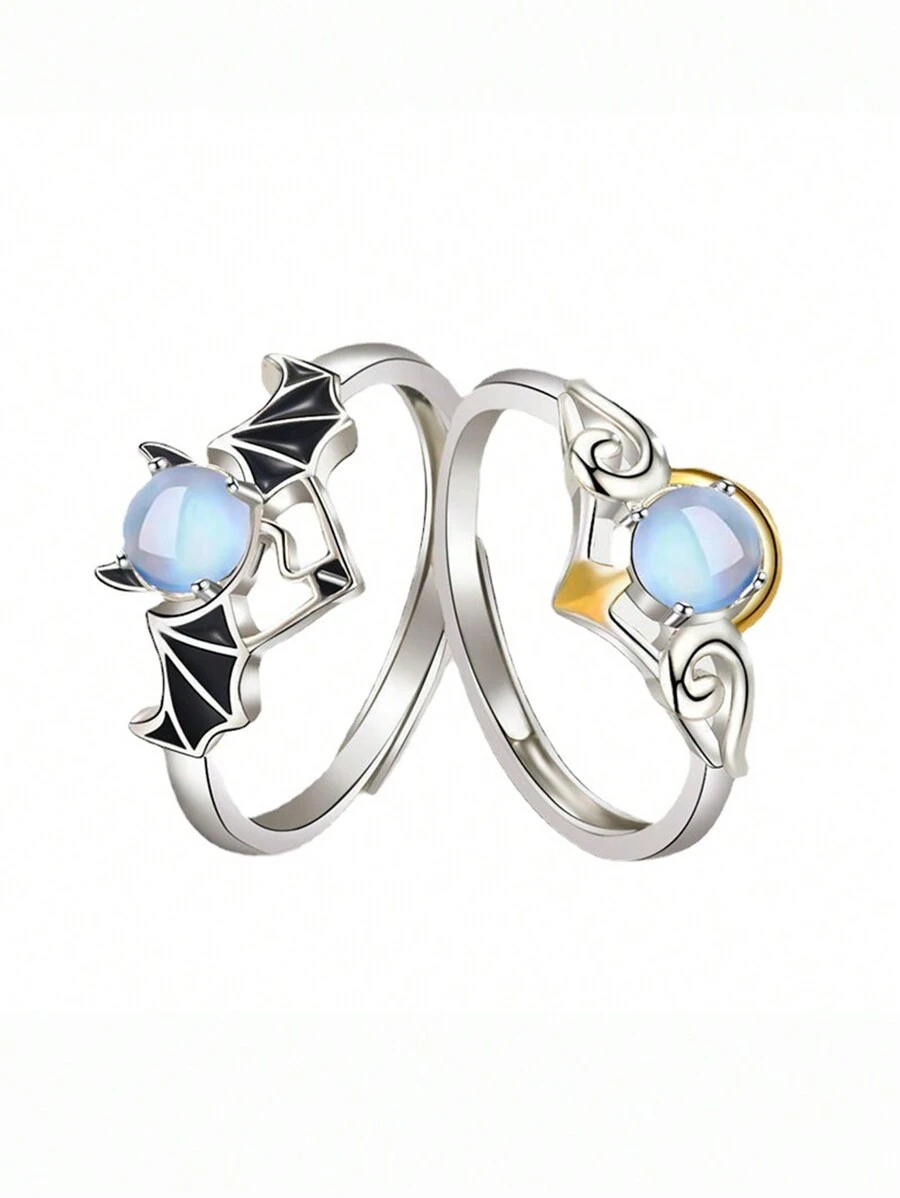 2入組天使翅膀月光石情侶戒指,情侶時尚戒指禮物 - 彩色 - 查看 1