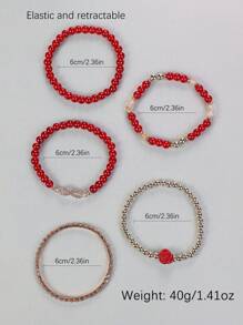 5pcs/Set Bohemian Style Multilayer Beaded Bracelet & Rose Flower Bead Bracelet - Red - View 4