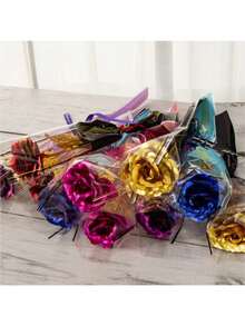 永生玫瑰人造花 24K 金箔玫瑰情人节礼物送女友周年纪念结婚纪念品家居装饰 - 彩紫色 - 查看 3