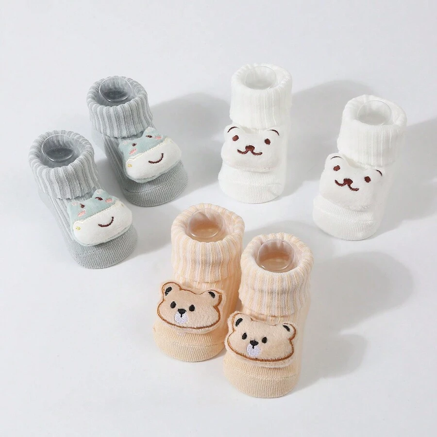 3 Paare Cartoon Bodenmuster Baby Socken Mit Plüschspielzeug Für Kleinkinder - Verschiedenfarbig - Übersicht 1