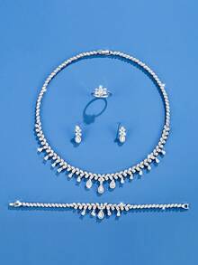 DV JEWELRY 5pcs Artificial Cubic Zirconia White Gold Plated Luxury Jewelry Set Including Necklace, Bracelet, Earrings, Open Ring For Women, Occasions: Date, Party, Anniversary; Comes With Gift Box - Silver - View 2