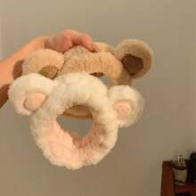 1pc Cute 3d Cartoon Plush Bear Hair Clip For Girls, Pink Headband For Washing Face, Wide Edge Hair Accessory - Khaki - View 4
