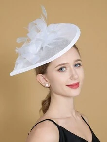 迷人的女士帽子茶會發帶肯塔基德比婚禮雞尾酒網紗羽毛髮夾 - 白色 - 查看 2