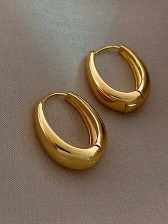 1pair New Smooth Metallic Geometric Ellipse Hoop Earrings, Vintage Style Girl's Ear Accessories