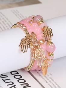 4入組波西米亞風格的多層玻璃珠手鍊,可調節大小的粉色手工首飾,帶有手掌形吊墜