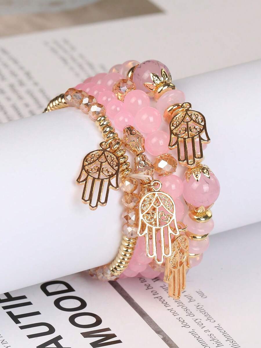 4入組波西米亞風格的多層玻璃珠手鍊,可調節大小的粉色手工首飾,帶有手掌形吊墜