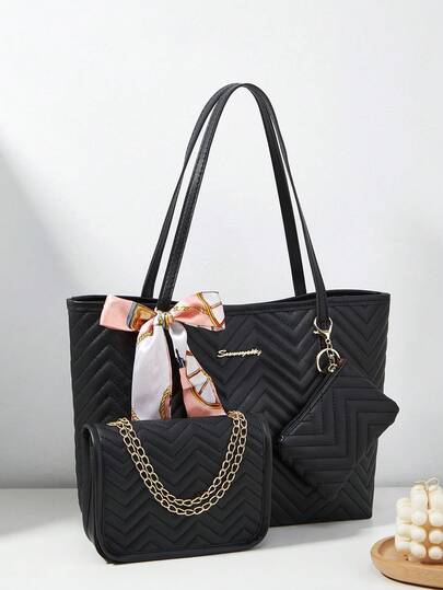 3pcs/Set Women's Shoulder Scarf, Tote Bag, Shoulder Bag & Coin Purse Combination, Large Capacity, Waterproof, Portable, Business Casual