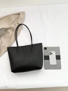 2 件女士纯色刺绣托特包，时尚大容量单肩包，磁扣 - 黑色 - 查看 5